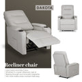 Dakota light grey PU recliner multi-view: large reclined with footrest, front view and rear view insets, dark background