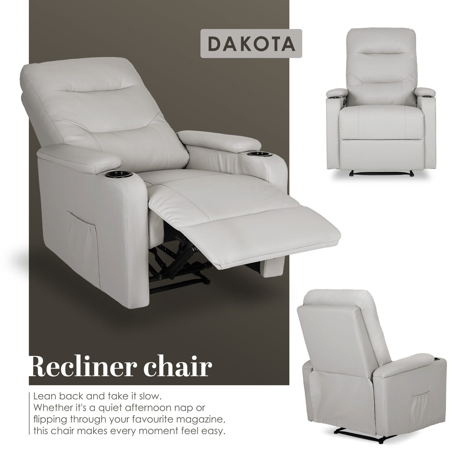 Dakota light grey PU recliner multi-view: large reclined with footrest, front view and rear view insets, dark background
