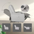 Light grey PU recliner side view with 110° and 140° recline angles, cup holder detail inset, three position thumbnails