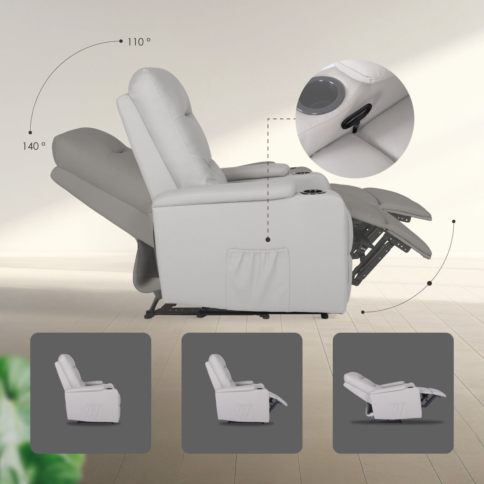 Light grey PU recliner side view with 110° and 140° recline angles, cup holder detail inset, three position thumbnails