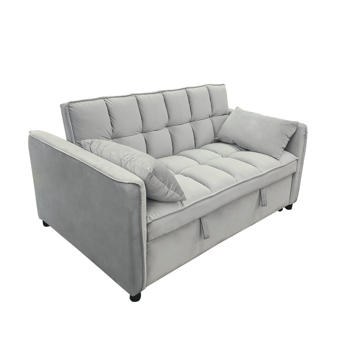 Light grey velvet pull-out sofa bed with tufted seat cushion and scatter cushions, angle view