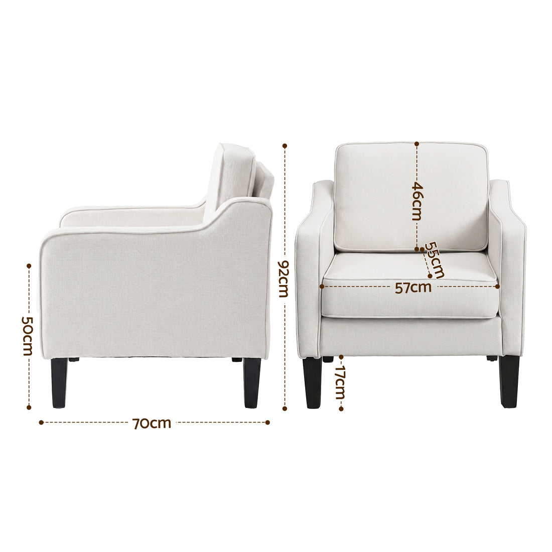 Beige linen armchair with structured back and piped edges, round wood side table with candle, bookshelf background