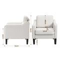 Beige linen armchair dimensions: side 70cm deep, front 57cm wide seat, 92cm total height, 17cm black tapered legs