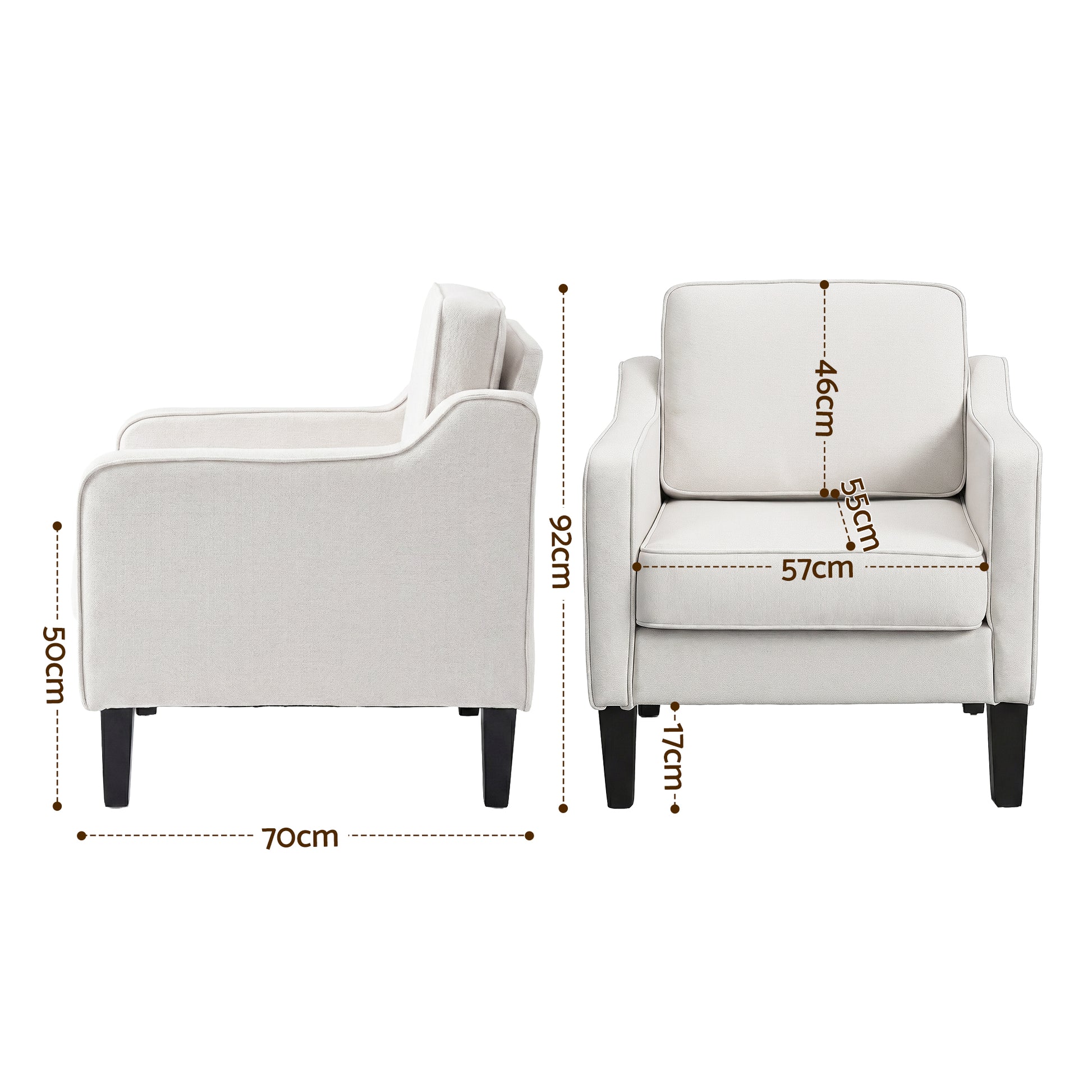 Beige linen armchair dimensions: side 70cm deep, front 57cm wide seat, 92cm total height, 17cm black tapered legs