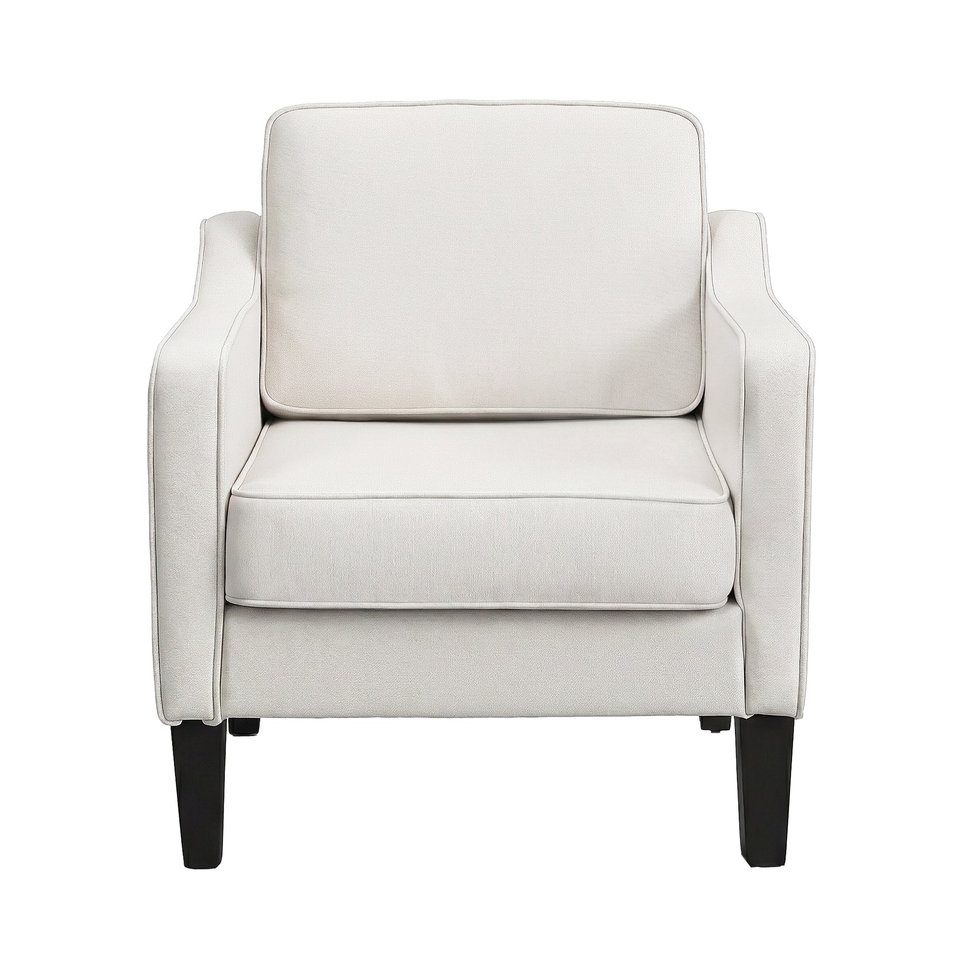 Beige linen armchair with piped edges, cushioned seat and black tapered legs, front view on white background