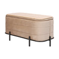 Oval linen fabric storage ottoman with channel stitching, natural wood grain lid and black metal frame base on white