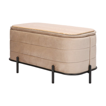 Oval linen fabric storage ottoman with channel stitching, natural wood grain lid and black metal frame base on white