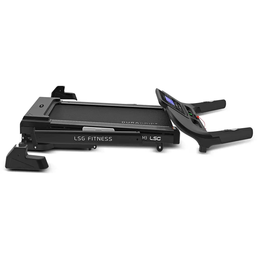 LSG Stride M3 treadmill assembled view overhead showing complete footprint with console, handrails, and running belt