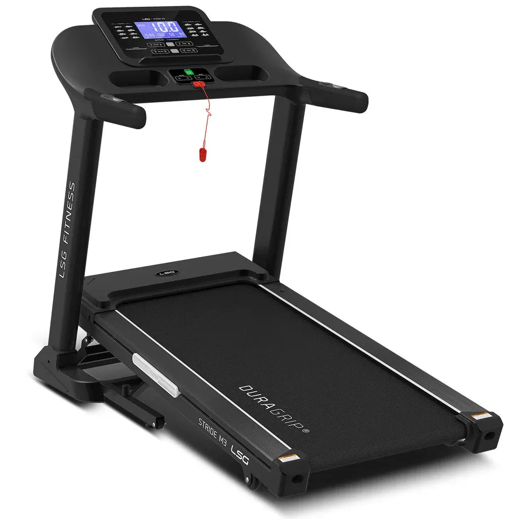 LSG Stride M3 treadmill front-facing view with blue LCD console, DuraGrip belt, and soft-grip handlebars on white background