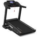 LSG Stride M3 treadmill side view showing blue LCD console, black frame, and soft-grip handrails on white background
