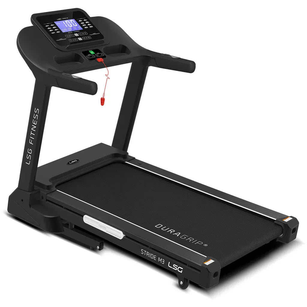 LSG Stride M3 treadmill front-facing view with blue LCD console, DuraGrip belt, and soft-grip handlebars on white background