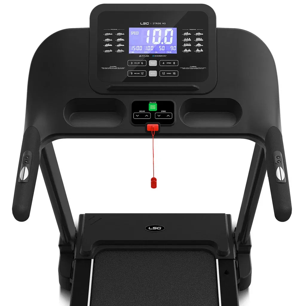 LSG Stride M3 console overhead showing purple LCD speed display with workout metrics and control interface