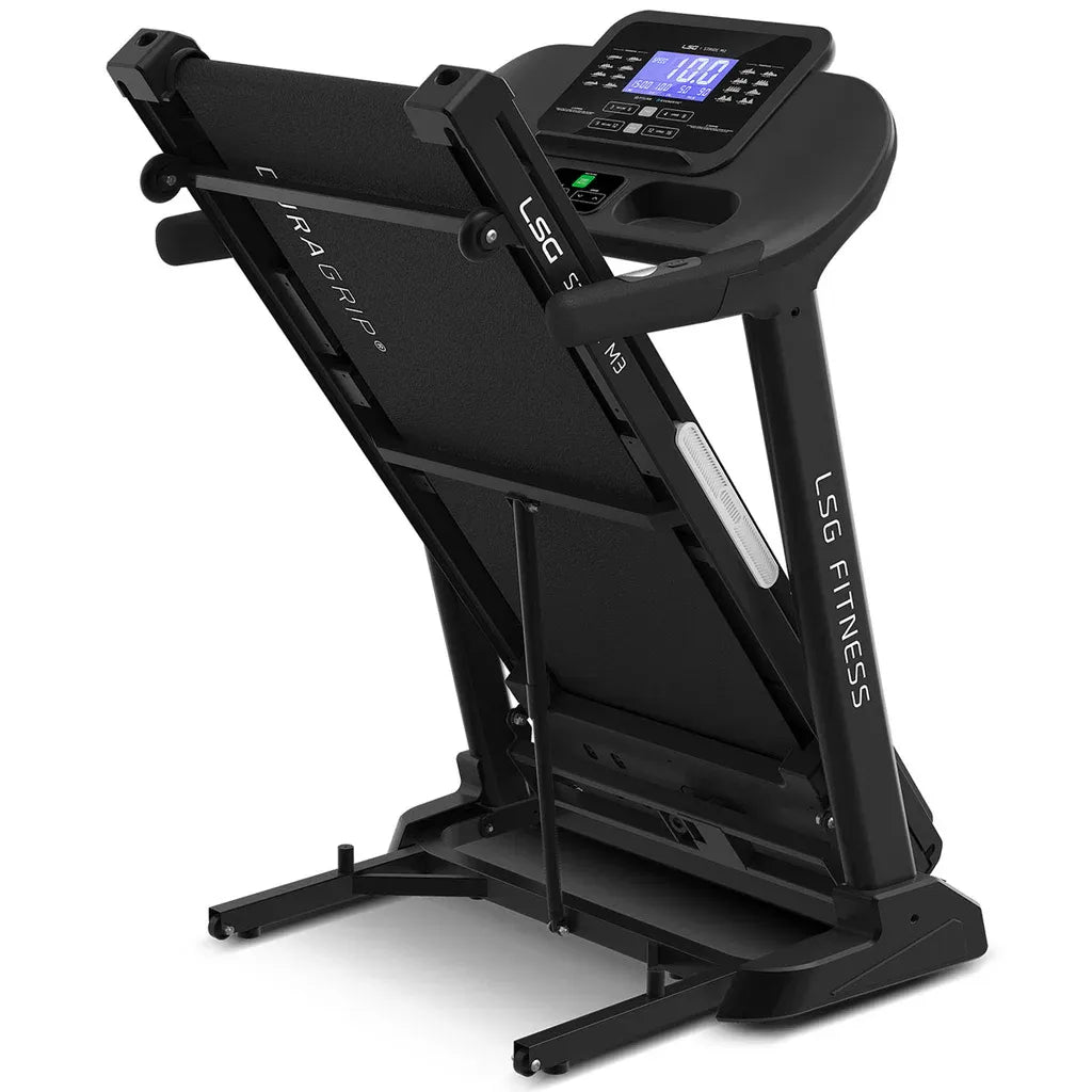 LSG Stride M3 treadmill side-angle view showing console, handrails, frame structure, and incline control buttons