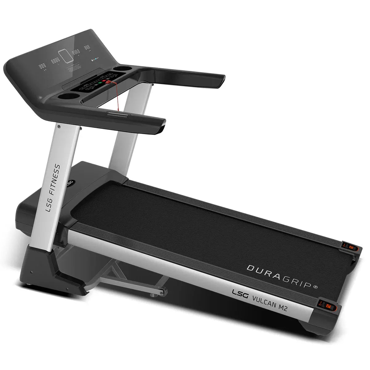 LSG Fitness Vulcan M2 three-quarter angle showing console and tubular steel frame