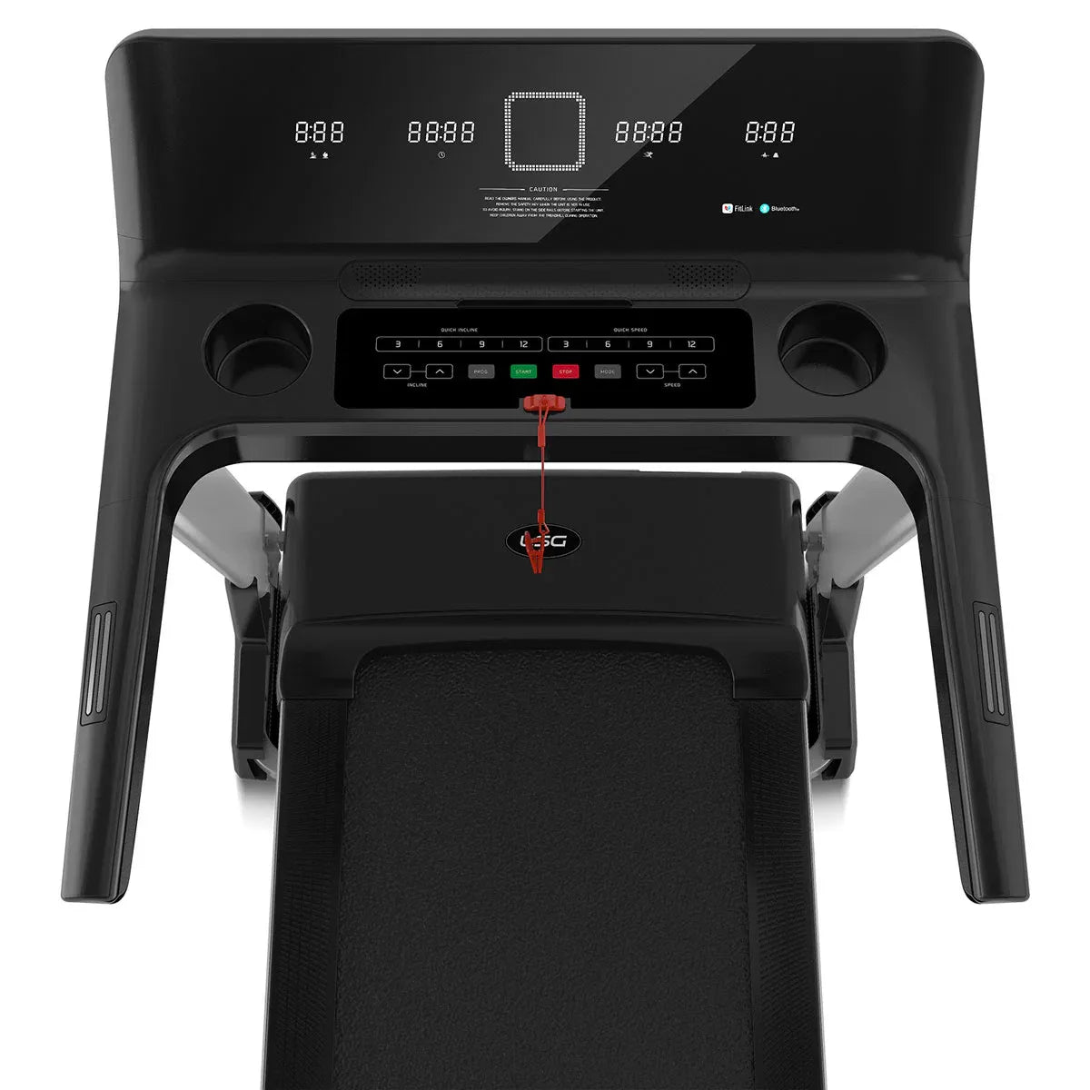 LSG Fitness Vulcan M2 console overhead view showing metric windows and control buttons