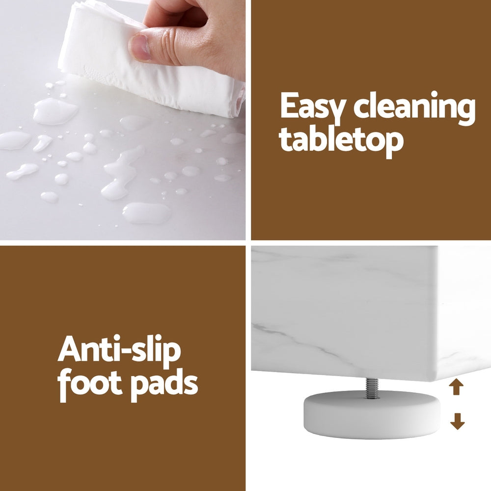 Feature panel: easy cleaning tabletop shown with water wipe, and anti-slip adjustable foot pads close-up, text labels visible