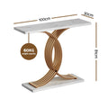 Marble console table with double curved gold arc base, dimensions: 100cm wide, 30cm deep, 81cm tall, 60kg weight capacity