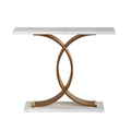 Console table with marble-effect top and base plate, sculptural double-arc crossed gold metal frame, front view