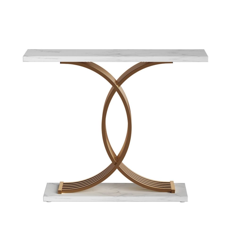 Console table with marble-effect top and base plate, sculptural double-arc crossed gold metal frame, front view