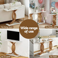 Marble double-arc gold base console table in four use settings: living room, flower shop, TV stand, hotel lobby