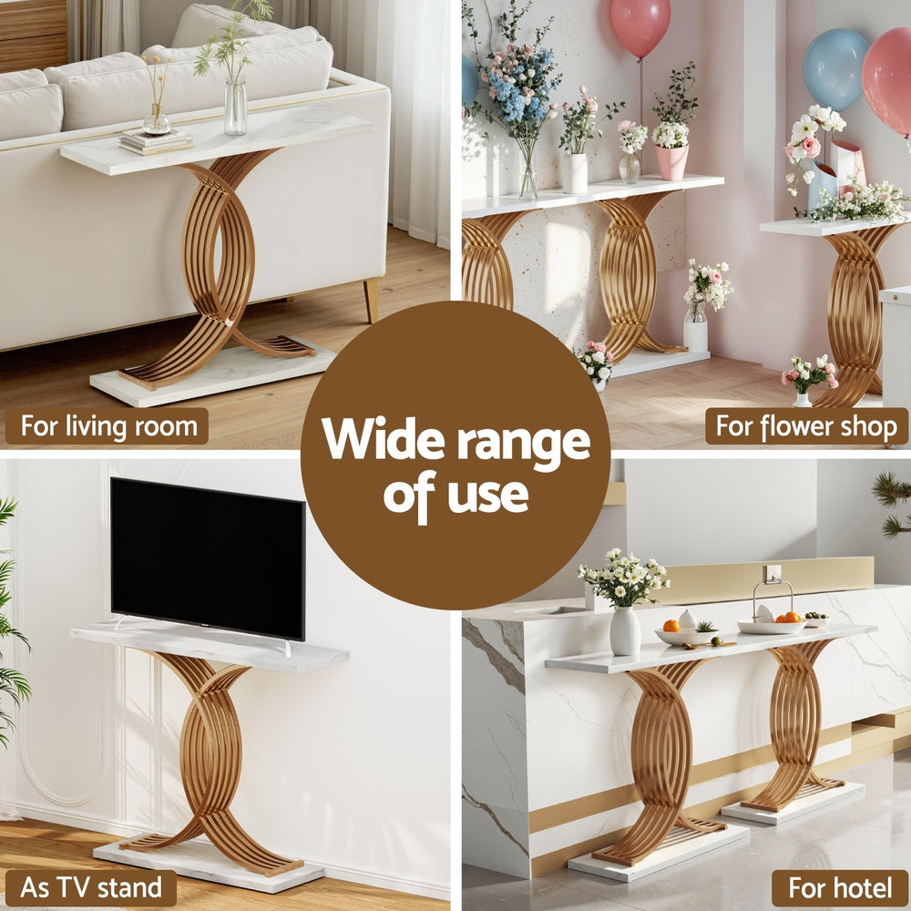 Marble double-arc gold base console table in four use settings: living room, flower shop, TV stand, hotel lobby