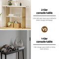 Split-panel comparison: 2-tier console table with open lower shelf vs 1-tier console table, text highlights storage benefits