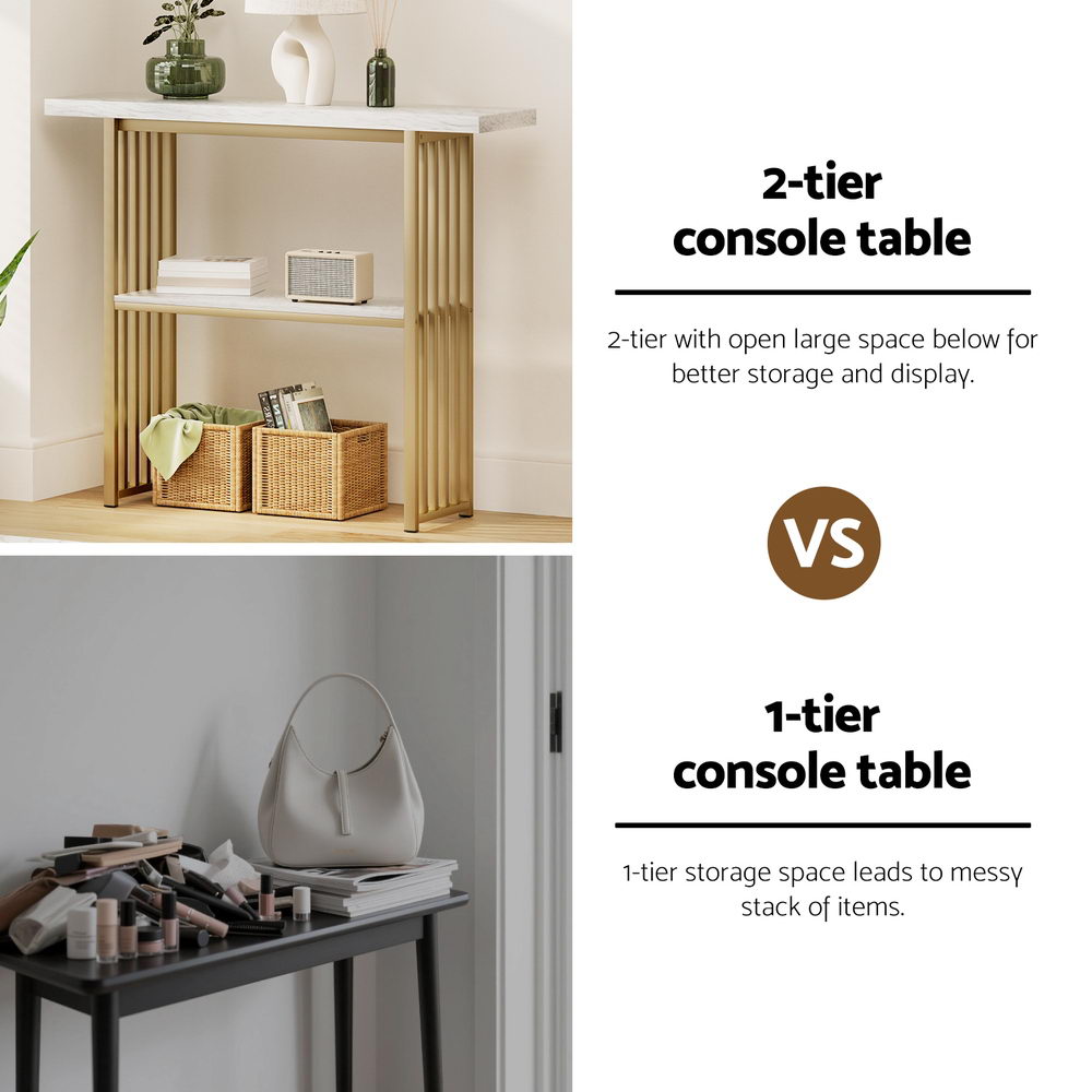 Split-panel comparison: 2-tier console table with open lower shelf vs 1-tier console table, text highlights storage benefits