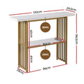 Marble console table with gold slat frame dimensions: 120cm wide, 94.5cm tall, top 50kg max, lower shelf 20kg max