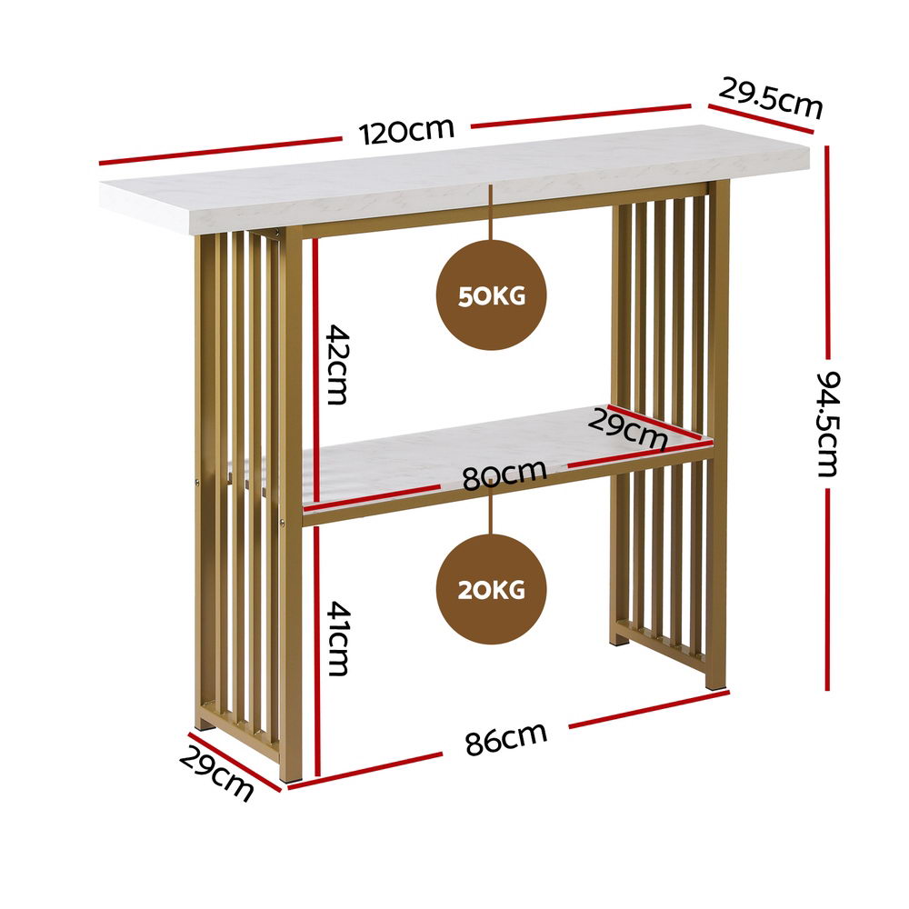 Marble console table with gold slat frame dimensions: 120cm wide, 94.5cm tall, top 50kg max, lower shelf 20kg max