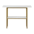 Marble-effect top console table with rectangular gold slat frame and lower shelf, front view on white background