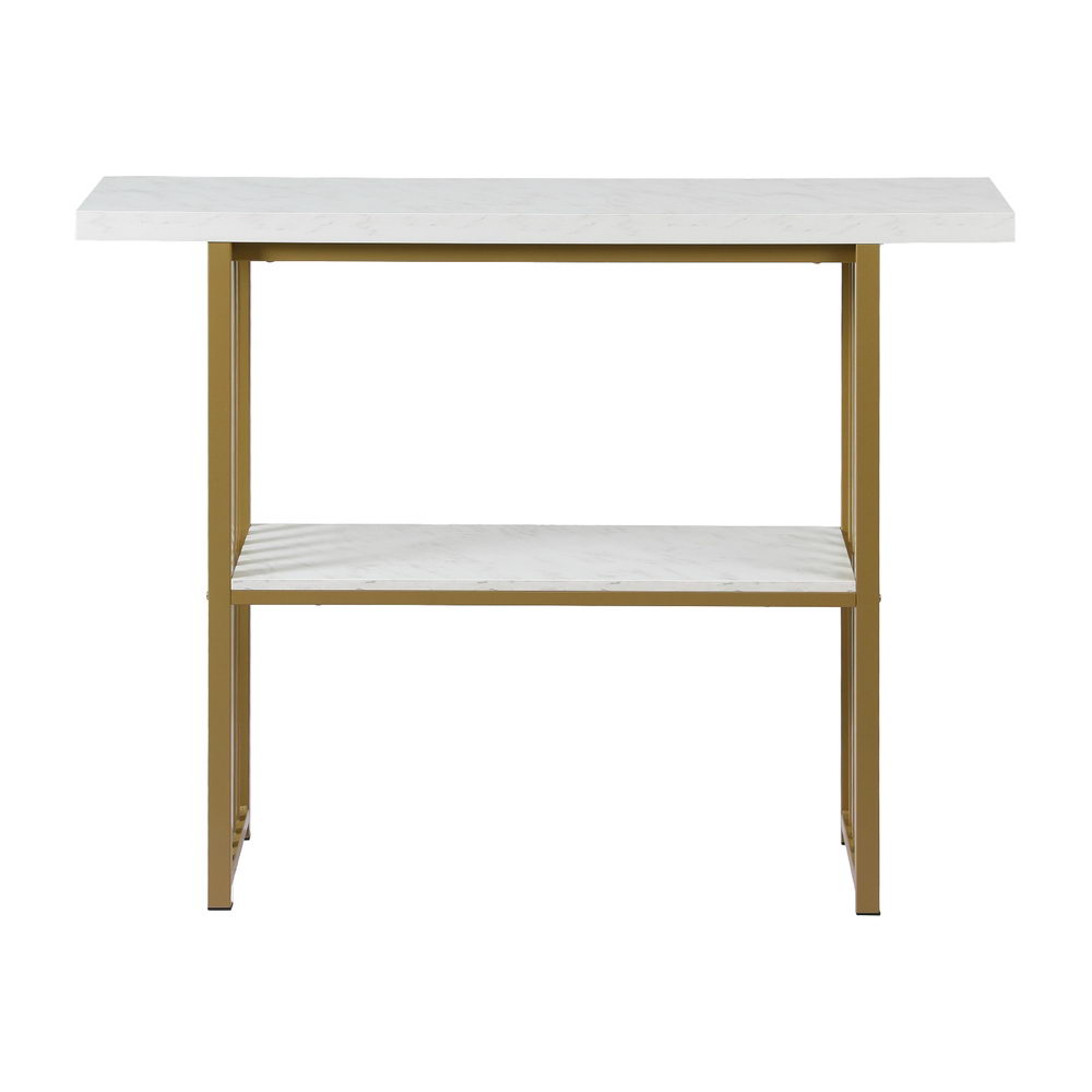 Marble-effect top console table with rectangular gold slat frame and lower shelf, front view on white background