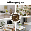 Marble console table with gold slat frame shown in four use cases: living room, flower shop, TV stand, hotel lobby