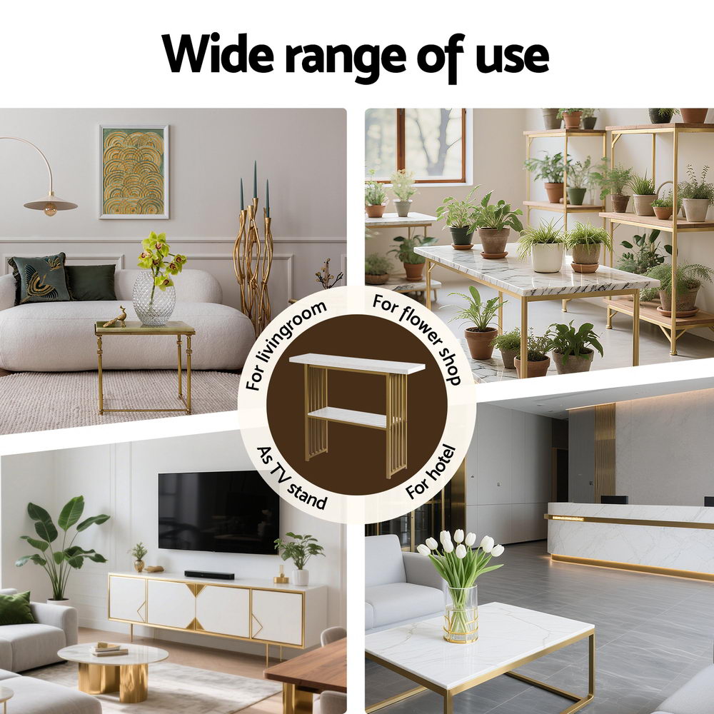 Marble console table with gold slat frame shown in four use cases: living room, flower shop, TV stand, hotel lobby