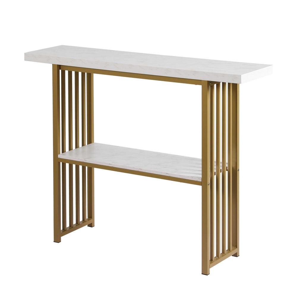 Console table with white marble-effect top and shelf, supported by a gold vertical slat metal frame, angle view