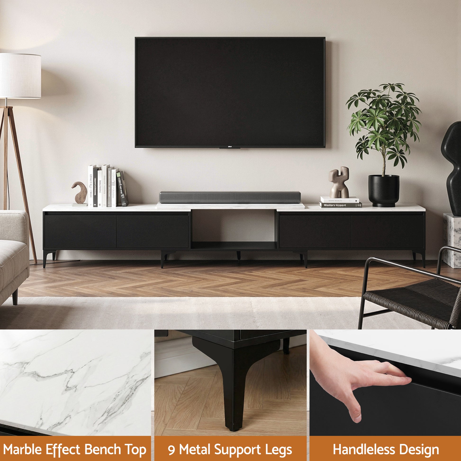 Black marble-top TV 240cm in cream room with soundbar plus marble top tapered legs and handleless push-open design callouts