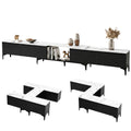 Marble-top black TV unit 340cm extended with vases and books and two L-shape corner configurations shown below
