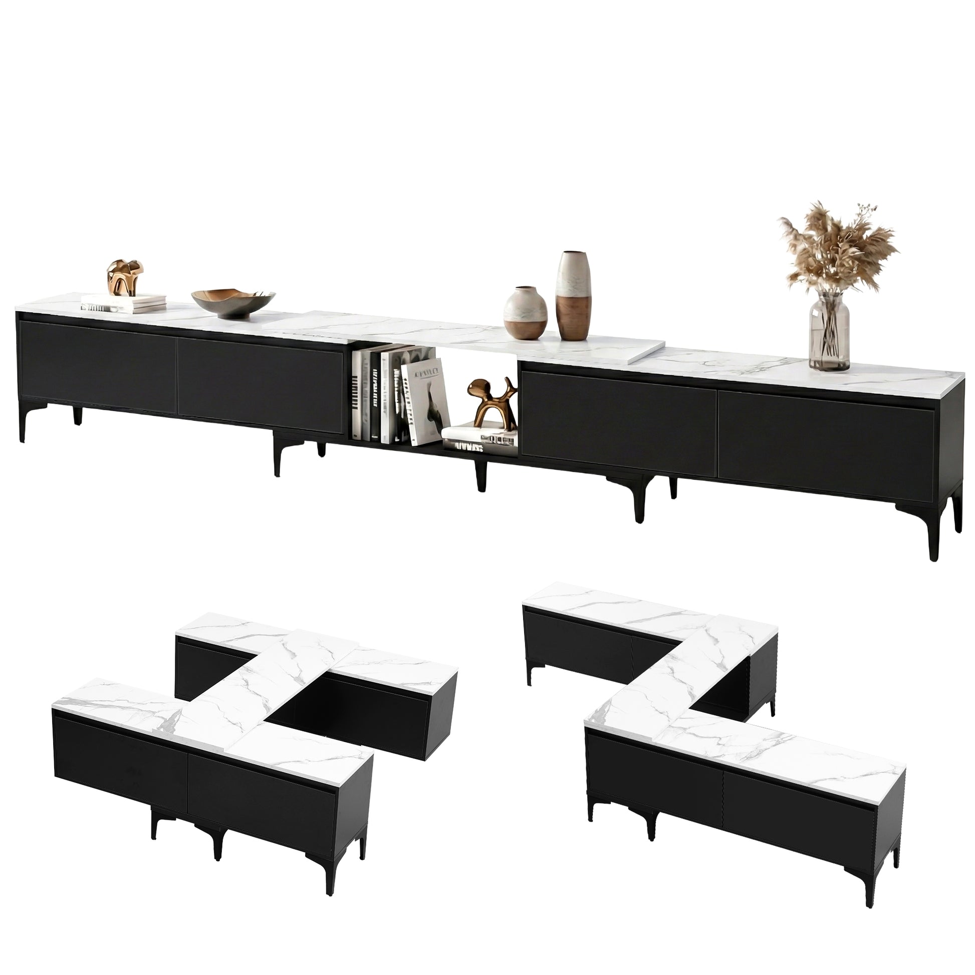Marble-top black TV unit 340cm extended with vases and books and two L-shape corner configurations shown below