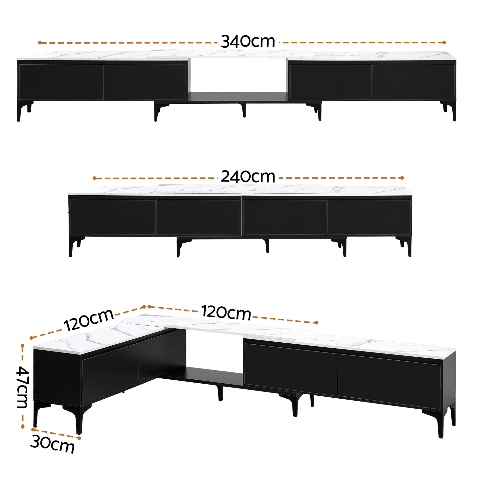 Marble-top black TV unit dimension diagram 340cm 240cm and L-shape 120x120cm configurations 47cm high 30cm deep