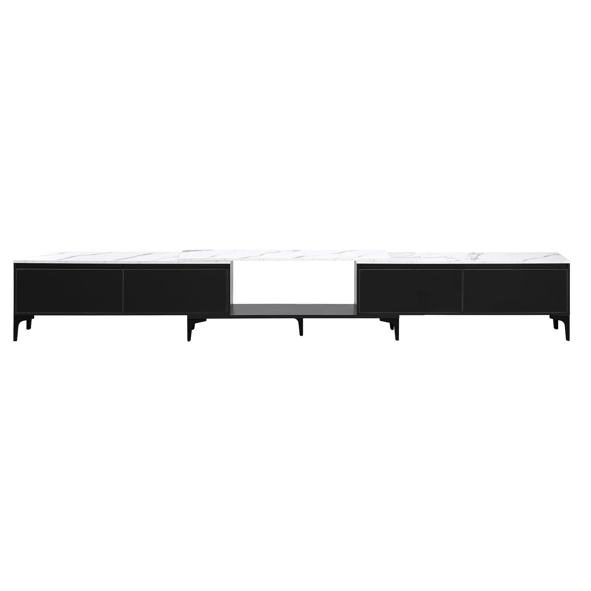 Marble-top black TV unit front view on white background white marble top four push-open doors and center shelf on black legs
