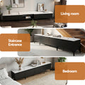 Marble-top black TV unit shown in three room settings living room staircase entrance and bedroom placements