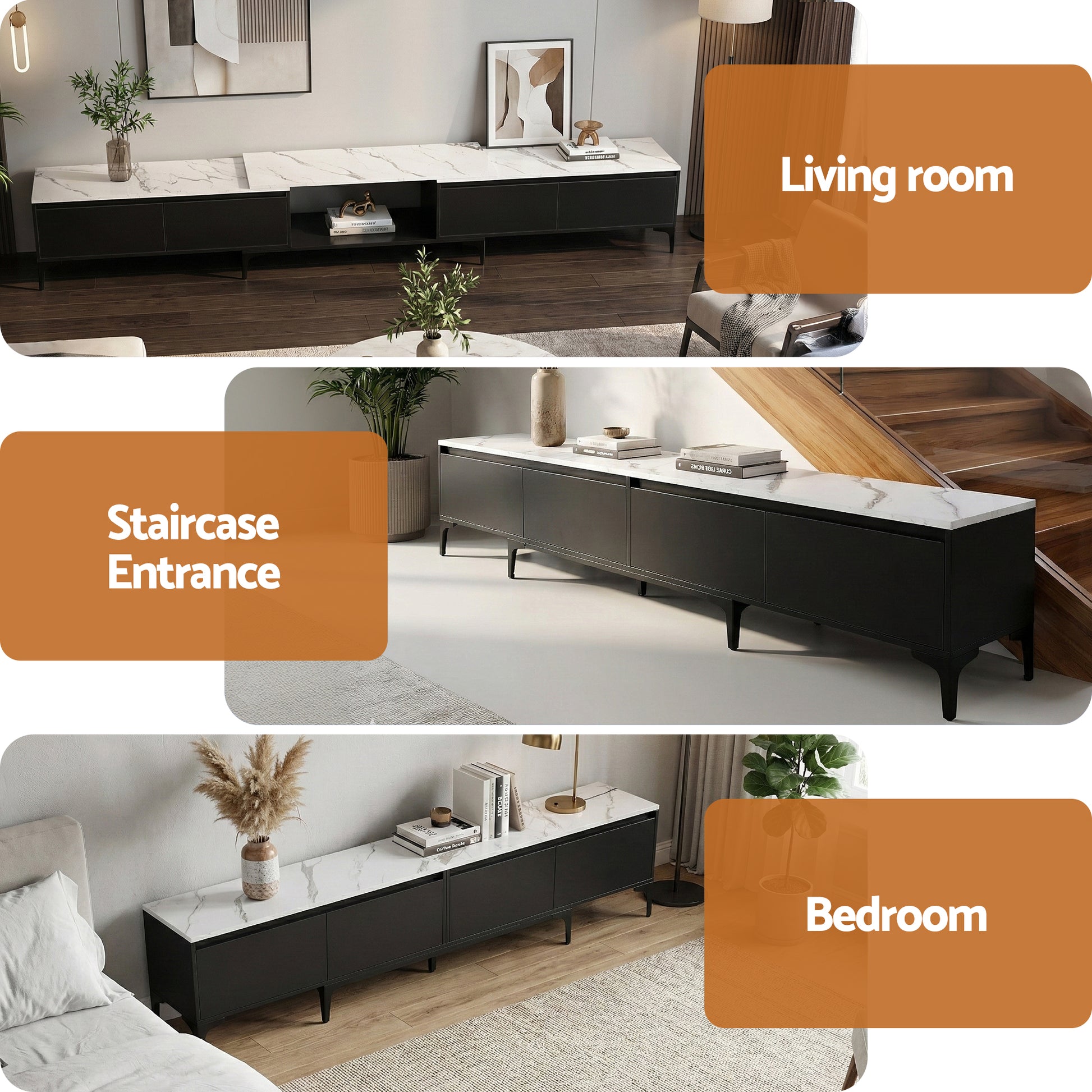 Marble-top black TV unit shown in three room settings living room staircase entrance and bedroom placements