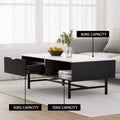 Marble top coffee table capacity infographic: 50kg tabletop, 10kg drawer, 10kg open shelf, drawer pulled open, grey sofa