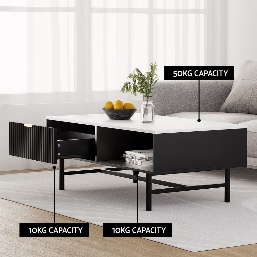 Marble top coffee table capacity infographic: 50kg tabletop, 10kg drawer, 10kg open shelf, drawer pulled open, grey sofa