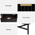 Detail panel: gold bar handle on ribbed black drawer panel, drawer dimensions 47.5x28.5x10cm, and black metal legs