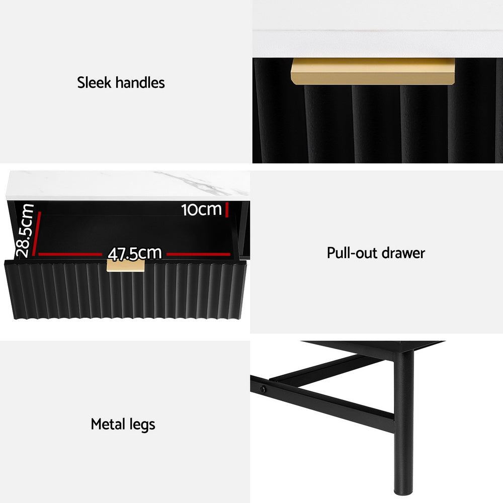 Detail panel: gold bar handle on ribbed black drawer panel, drawer dimensions 47.5x28.5x10cm, and black metal legs
