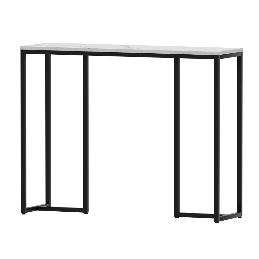 Console desk with white marble-effect top and black rectangular metal frame, front view, white background