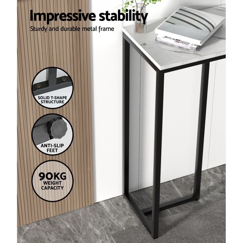 Marble-top console desk in room; callouts: solid T-shape structure, anti-slip feet, 90 kg weight capacity