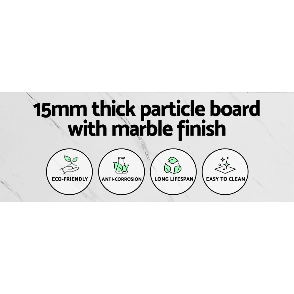 Feature panel; text "15mm thick particle board with marble finish"; icons: eco-friendly, anti-corrosion, easy to clean