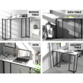 Four-panel collage: marble-top desk with black frame used as bedside table, sofa table, desk, and hallway table