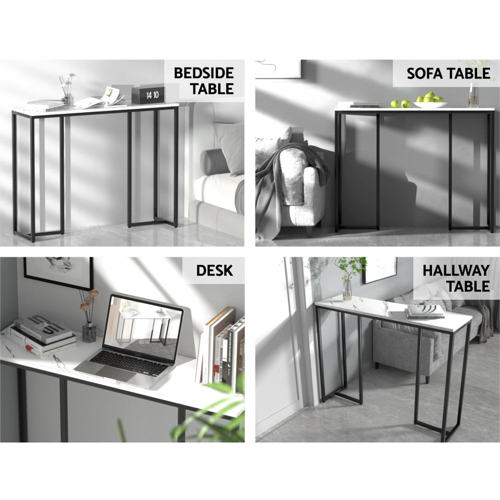 Four-panel collage: marble-top desk with black frame used as bedside table, sofa table, desk, and hallway table